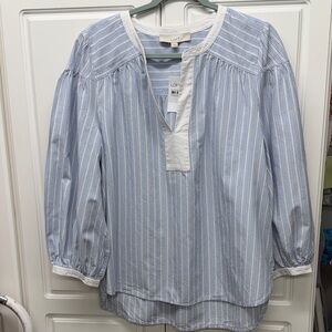 LOFT Light Blue and White Striped Split-Neck Blouse